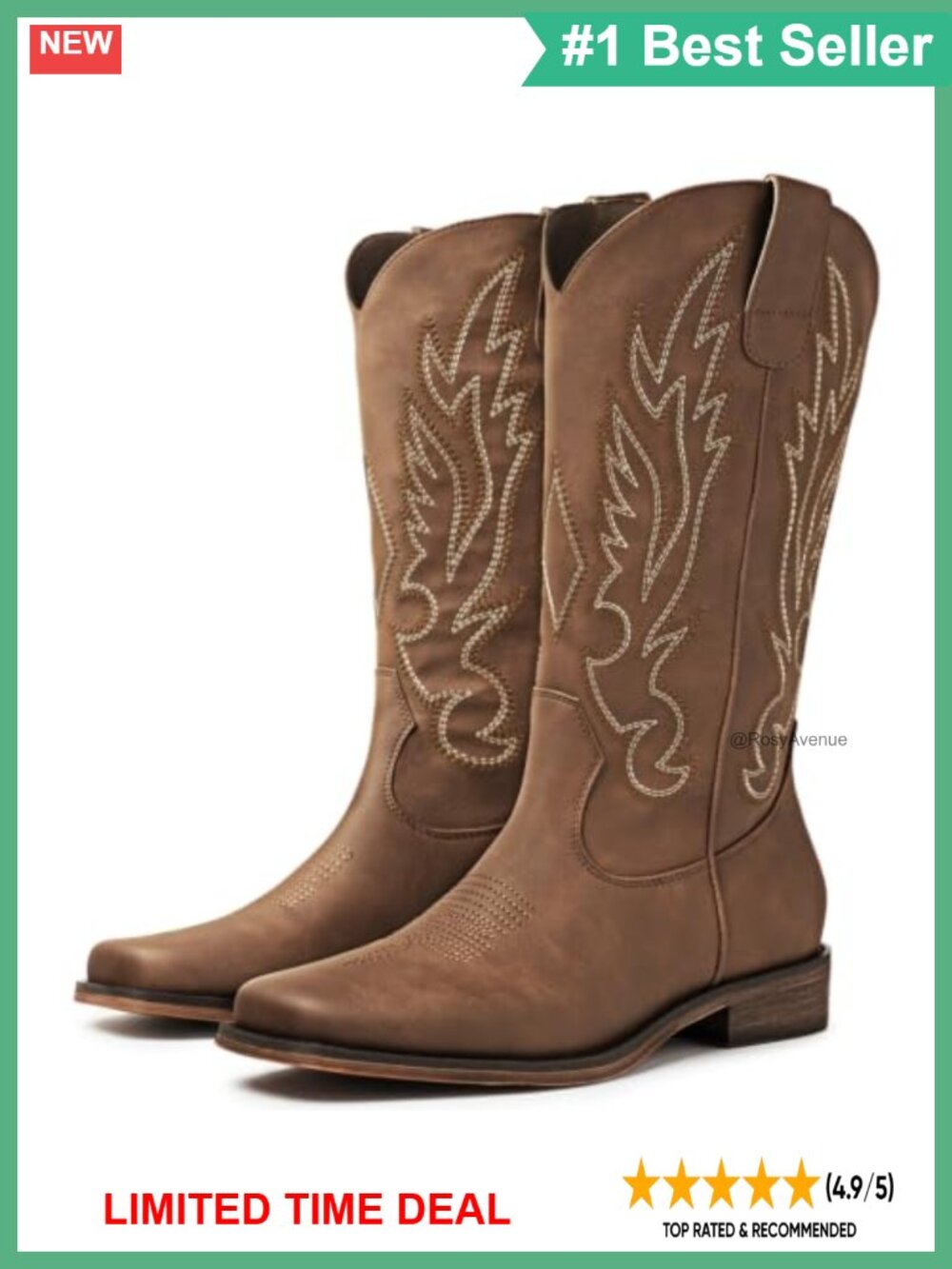 Faux Leather Square Toe Mid Calf Western Cowboy Boots Faux Fur Lined Women